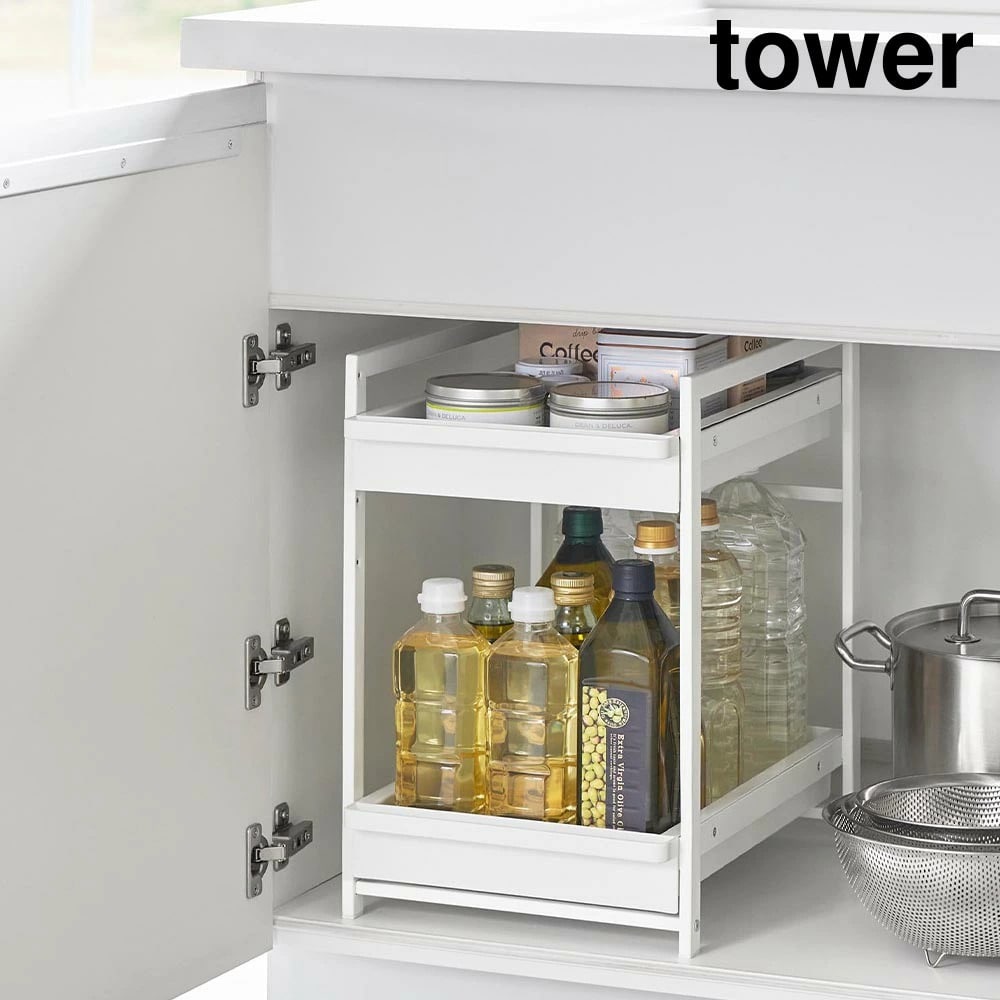 シンク下スライドラック タワー 2段 山崎実業 tower ホワイト ブラック 1460 1461 キッチンラック 収納ラック ストッカー ラック 棚 シンク下収納 引き出し  スライド 隙間収納 キッチン収納 省スペース おしゃれ シンプル 公式 yamazaki タワーシリーズ[MM1]
