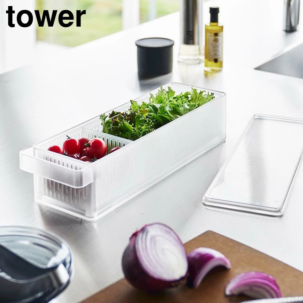 冷蔵庫中ザルボウル タワー 蓋&仕切り付き 山崎実業 tower ホワイト ブラック 1473 1474 保存容器 収納ラック ザル付き 水切り 食品保存 収納 整理 冷蔵庫用ケース 冷蔵庫整理 ストッカー スリム 省スペース おしゃれ シンプル 公式 yamazaki タワーシリーズ[MM1]