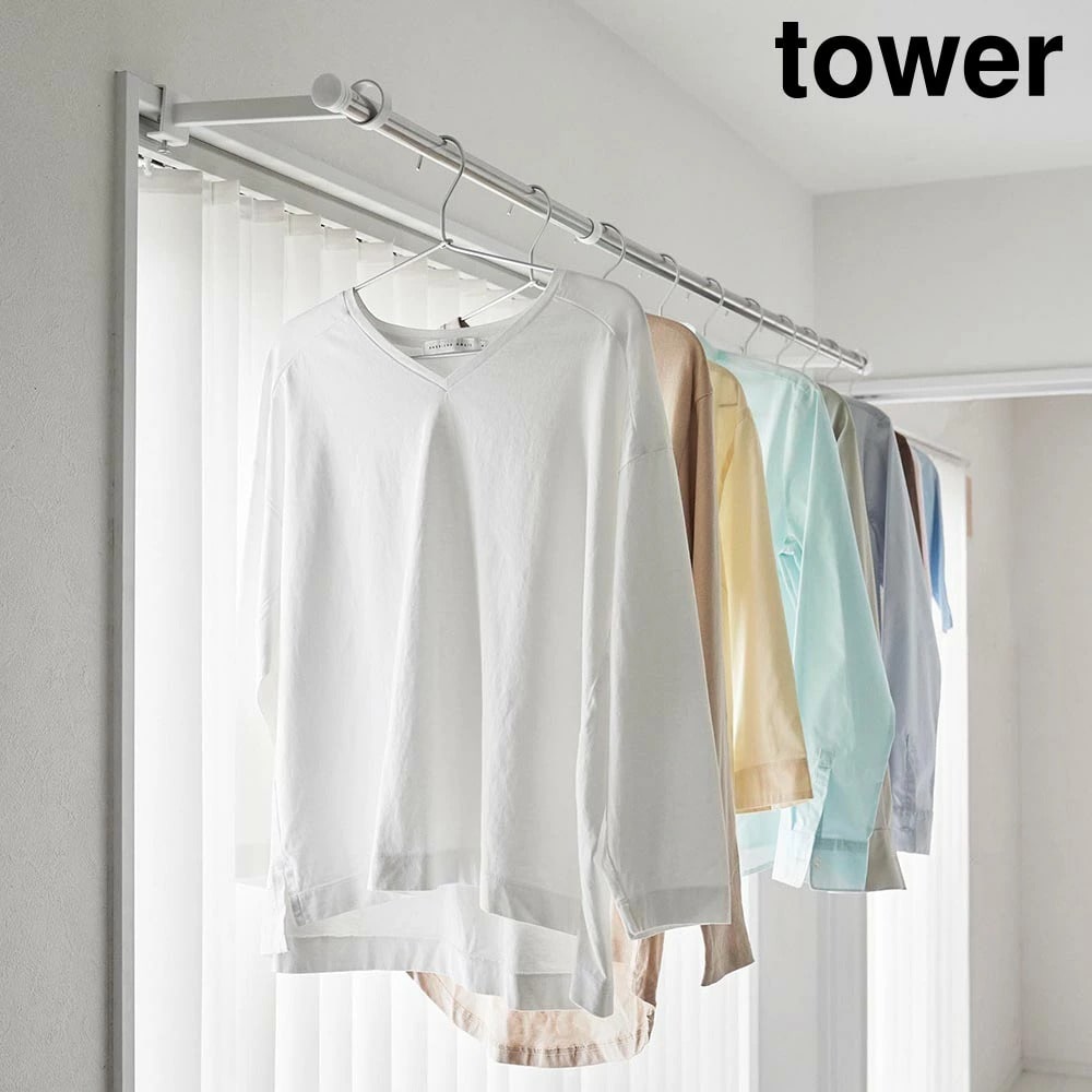 鴨居室内物干しポールホルダー タワー 奥行ワイド 山崎実業 tower ホワイト ブラック 1586 1587 物干しハンガー 物干し竿ホルダー  物干し竿 室内干し 部屋干し 鴨居 窓枠 梅雨 黄砂 花粉対策 一時掛け 洗濯物 おしゃれ シンプル 公式 yamazaki タワーシリーズ[MM1]