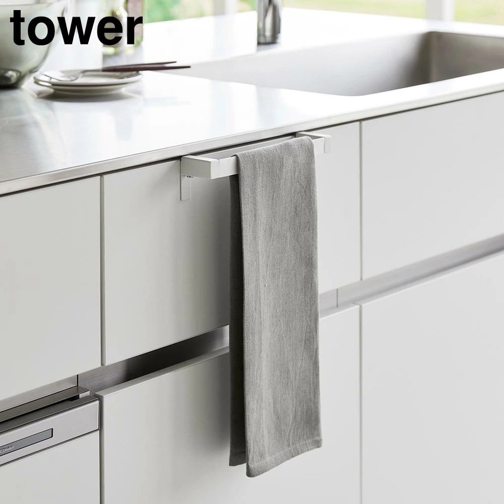 滑り落ち防止キッチンタオルハンガーバー タワー 山崎実業 tower ホワイト ブラック 1808 1809 タオルハンガー タオル掛け タオルバー タオルホルダー 布巾 キッチンクロス 収納 シンク下 引っ掛け キッチン おしゃれ シンプル yamazaki タワーシリーズ[MM1]