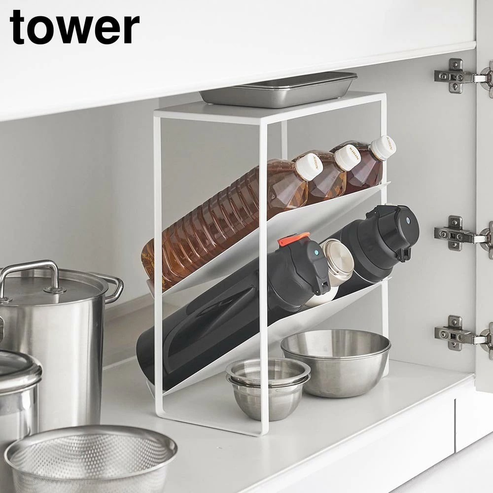 シンク下天板付きボトル&ジャグボトルストッカー タワー 山崎実業 tower ホワイト ブラック 1336 1337 ボトルラック ボトルストッカー 調味料ラック 水筒 ボトル 調味料 ペットボトル 2L 収納  省スペース おしゃれ シンプル 公式 yamazaki タワーシリーズ[MM1]