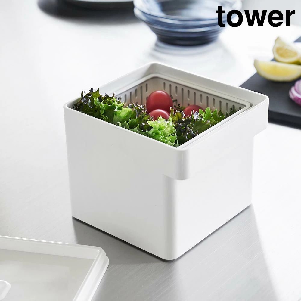ザル付き保存容器 タワー 山崎実業 tower ホワイト ブラック 1777 1778 電子レンジ・食洗機対応 密閉容器 バルブ付き 冷蔵庫 野菜 ストッカー 冷凍庫対応 蓋付き 1.3L 水切り レンジ調理 蒸し料理 温野菜 おしゃれ シンプル 公式 yamazaki タワーシリーズ[MM1]