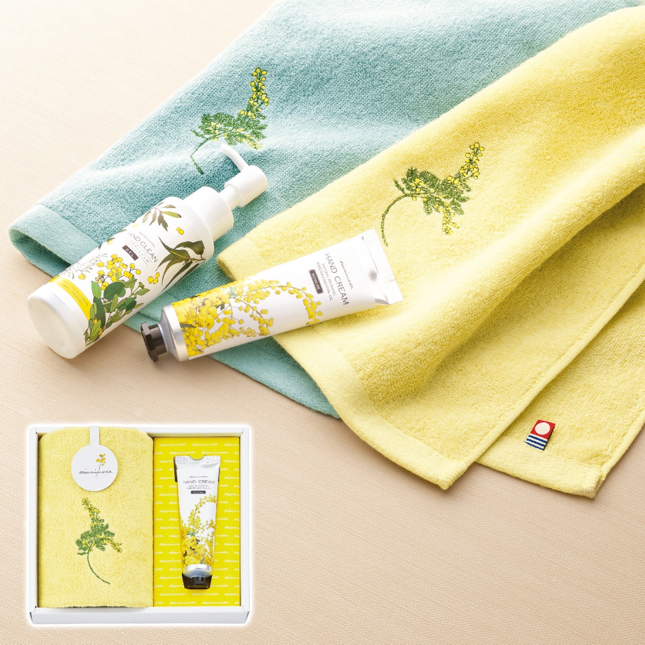 ウォッシュタオル＆ハンドクリームセット クリーム ミアミモザ ギフト プレゼント 贈り物 贈呈 ご褒美 【代引不可】