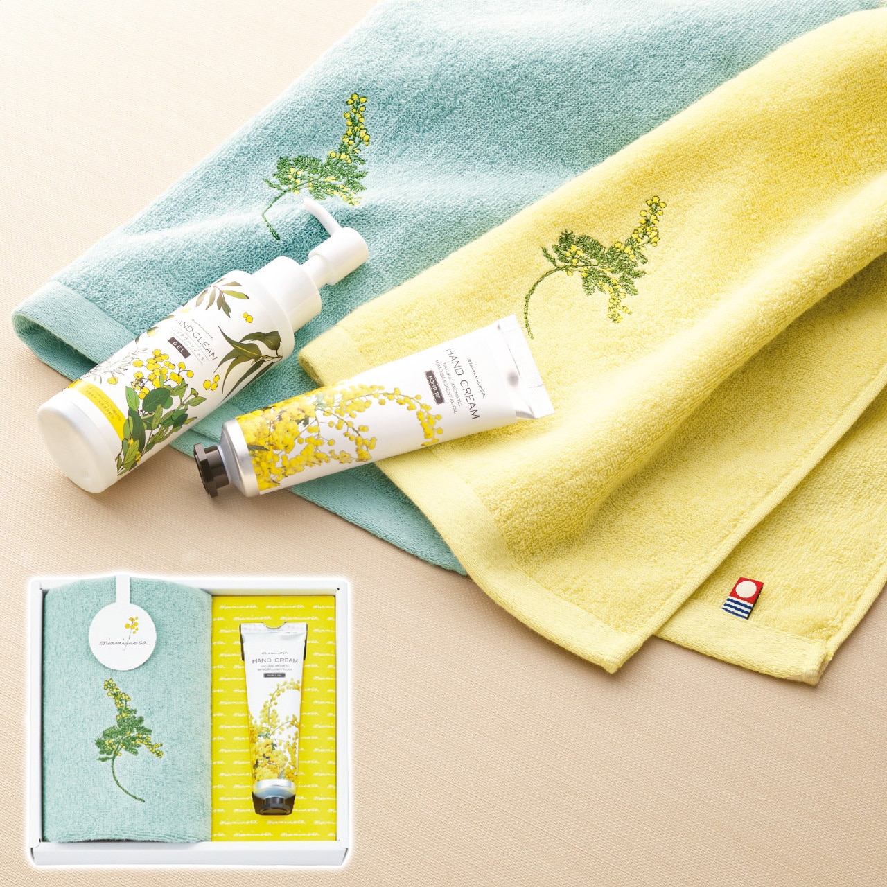 ウォッシュタオル＆ハンドクリームセット グリーン ミアミモザ ギフト プレゼント 贈り物 贈呈 ご褒美 【代引不可】