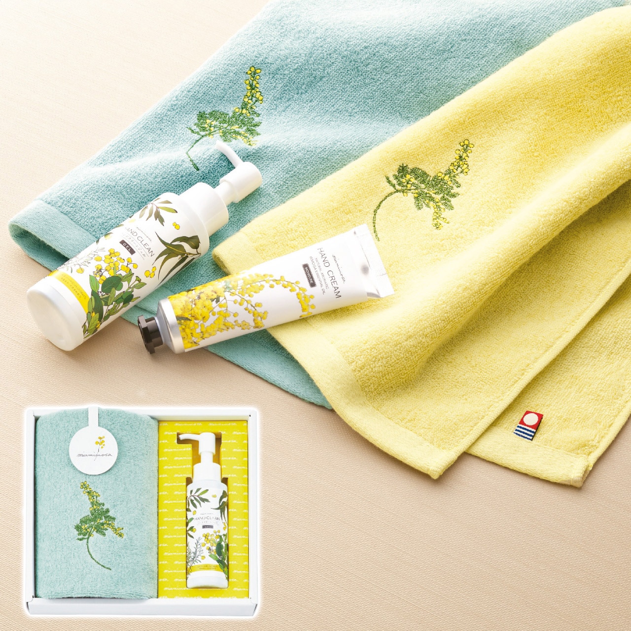 ウォッシュタオル＆ハンドクリーンジェルセット グリーン ミアミモザ ギフト プレゼント 贈り物 贈呈 ご褒美 【代引不可】