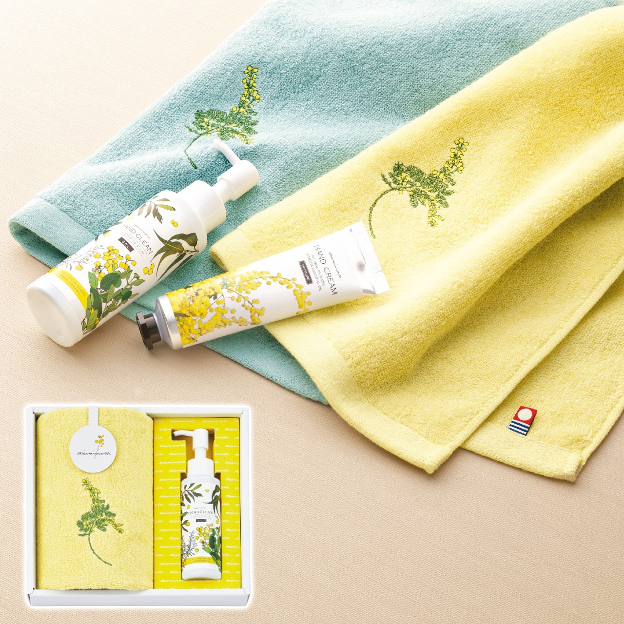 ウォッシュタオル＆ハンドクリーンジェルセット クリーム ミアミモザ ギフト プレゼント 贈り物 贈呈 ご褒美 【代引不可】