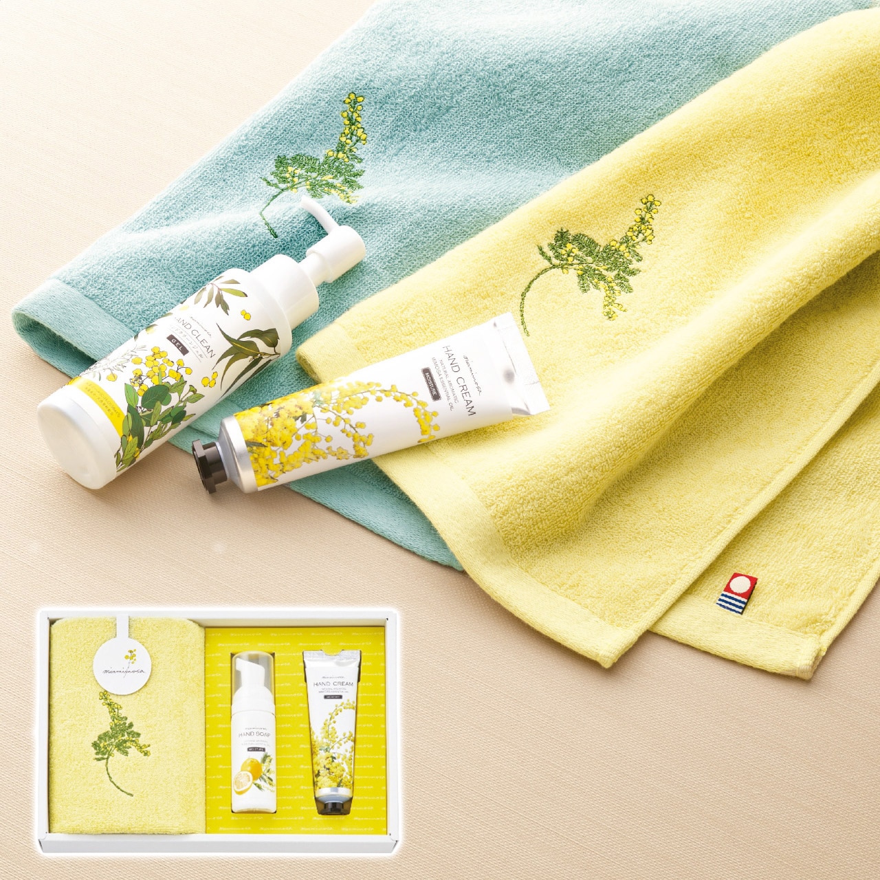 ウォッシュタオル＆コスメセット クリーム ミアミモザ ギフト プレゼント 贈り物 贈呈 ご褒美 【代引不可】