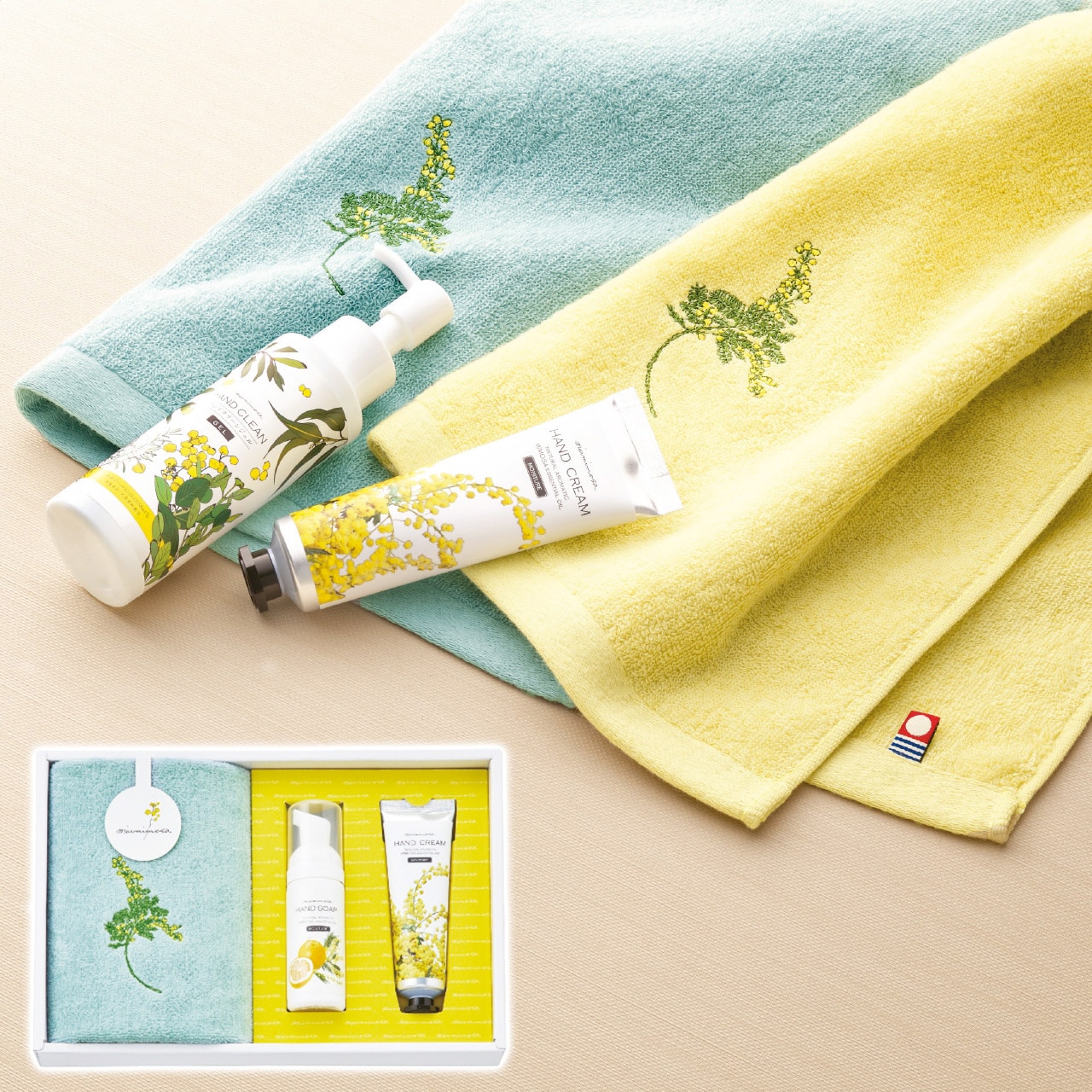 ウォッシュタオル＆コスメセット グリーン ギフト プレゼント 贈り物 贈呈 ご褒美 ミアミモザ 【代引不可】【同梱不可】