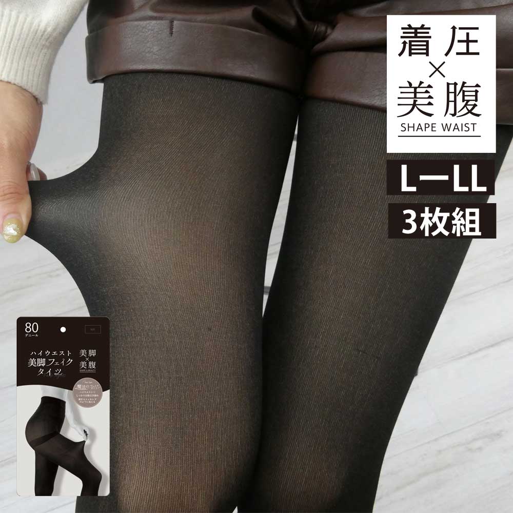 ハイウエスト 美脚フェイクタイツ 3枚組 L-LL 着圧×美腹 80デニール ヒップアップ ハイウエスト 引き締め シャドウ効果 HWBT80-L-LL 【代引不可】