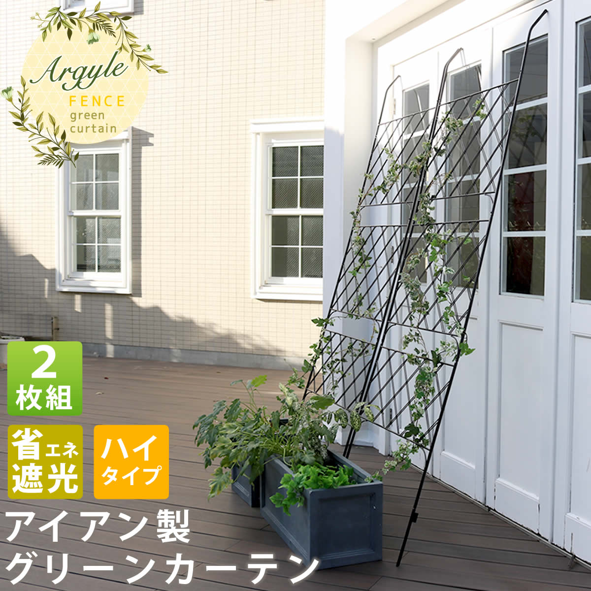 アイアン製グリーンカーテン アーガイル 2枚組<br> フェンス アイアン グリーンフェンス ゴーヤ 薔薇 バラ 朝顔 庭 ベランダ ガーデニング 枠 柵 仕切り 目隠し 境目 アンティーク トレリス 園芸 ラティス 屋外  【代引不可】