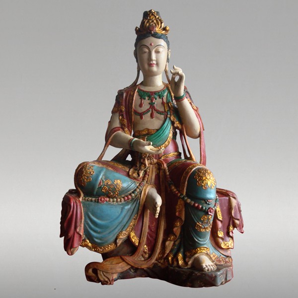 仏像 彩絵 観音菩薩坐像 小 古色仕上げ 高さ47cm 観音 ご本尊 仏教 置物 インテリア 美術工芸品 プレゼント 置物 お土産 誕生日プレゼント お祝い 子ども 大人 床の間 【代引不可】【同梱不可】