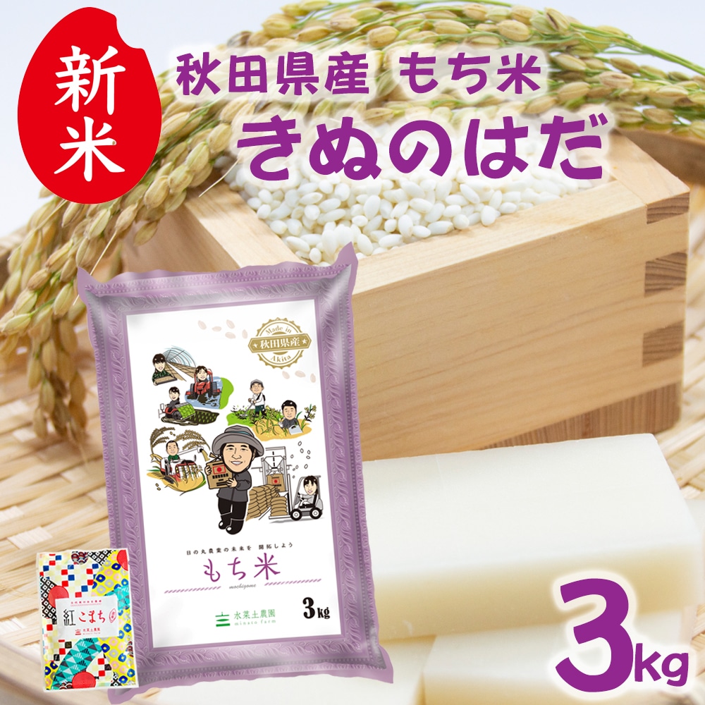 秋田県産 きぬのはだ もち米 精米 3kg 令和7年産 古代米お試し袋付き