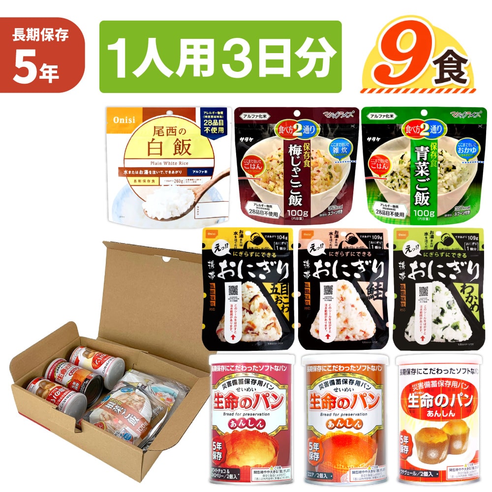 1人用/3日分(9食) 非常食セット A4サイズBOX入 アルファ米 パンの缶詰 3日間生きのびる 防災食セット 防災 食品 尾西 携帯おにぎり サタケ 安心米 保存食セット 防災セット 防災グッズ 災害備蓄用パン 生命のパン 防災 ギフト
