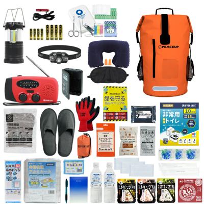 防災セット 1人用 ドライバッグ オレンジ 防水リュック ヘッドライト 防災士監修 水害対策 防災リュック 非常食 保存水 防災ラジオ 簡易トイレ 懐中電灯 衛生用品 警戒レベル4 水難 避難 アウトドア L4DR01