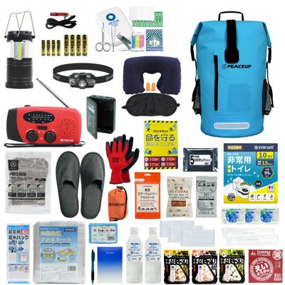 防災セット 1人用 ドライバッグ スカイブルー 防水リュック ヘッドライト 防災士監修 水害対策 防災リュック 非常食 保存水 防災ラジオ 簡易トイレ 懐中電灯 衛生用品 警戒レベル4 水難 避難 アウトドア L4DR01