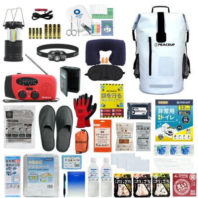 防災セット 1人用 ドライバッグ ホワイト 防水リュック ヘッドライト 防災士監修 水害対策 防災リュック 非常食 保存水 防災ラジオ 簡易トイレ 懐中電灯 衛生用品 警戒レベル4 水難 避難 アウトドア L4DR01