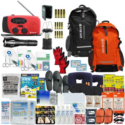 防災セット 2人用 EVERSAFEリュック ブラック×オレンジ 防災グッズ 防災士監修 救急セット 避難 地震 災害 防災食 防災寝具 防災ラジオ 長期保存水 非常用トイレ 懐中電灯 衛生用品 警戒レベル4 超軽量 撥水加工 L4ES02