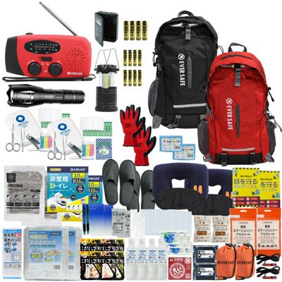 防災セット 2人用 EVERSAFEリュック ブラック×レッド 防災グッズ 防災士監修 救急セット 避難 地震 災害 防災食 防災寝具 防災ラジオ 長期保存水 非常用トイレ 懐中電灯 衛生用品 警戒レベル4 超軽量 撥水加工 L4ES02