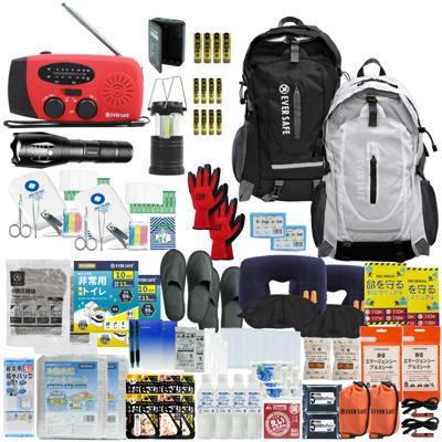 防災セット 2人用 EVERSAFEリュック ブラック×ホワイト 防災グッズ 防災士監修 救急セット 避難 地震 災害 防災食 防災寝具 防災ラジオ 長期保存水 非常用トイレ 懐中電灯 衛生用品 警戒レベル4 超軽量 撥水加工 L4ES02