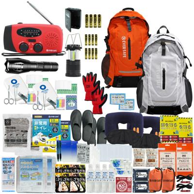 防災セット 2人用 EVERSAFEリュック オレンジ×ホワイト 防災グッズ 防災士監修 救急セット 避難 地震 災害 防災食 防災寝具 防災ラジオ 長期保存水 非常用トイレ 懐中電灯 衛生用品 警戒レベル4 超軽量 撥水加工 L4ES02