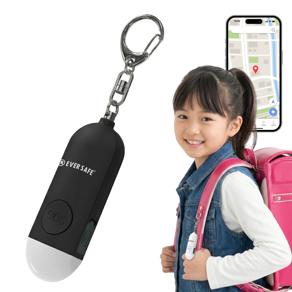GPS追跡 防犯ブザー 4色 ブラック 1個 防犯グッズ LEDライト 130dB 大音量 防犯対策 位置情報 充電式 登下校 見守り 小学生 護身用 女性 高齢者 夜道 迷子 紛失防止 子供 PB01 EVERSAFE (メール便12個まで)
