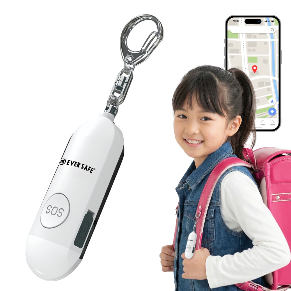 GPS追跡 防犯ブザー 4色 ホワイト 1個 防犯グッズ LEDライト 130dB 大音量 防犯対策 位置情報 充電式 登下校 見守り 小学生 護身用 女性 高齢者 夜道 迷子 紛失防止 子供 PB01 EVERSAFE (メール便12個まで)