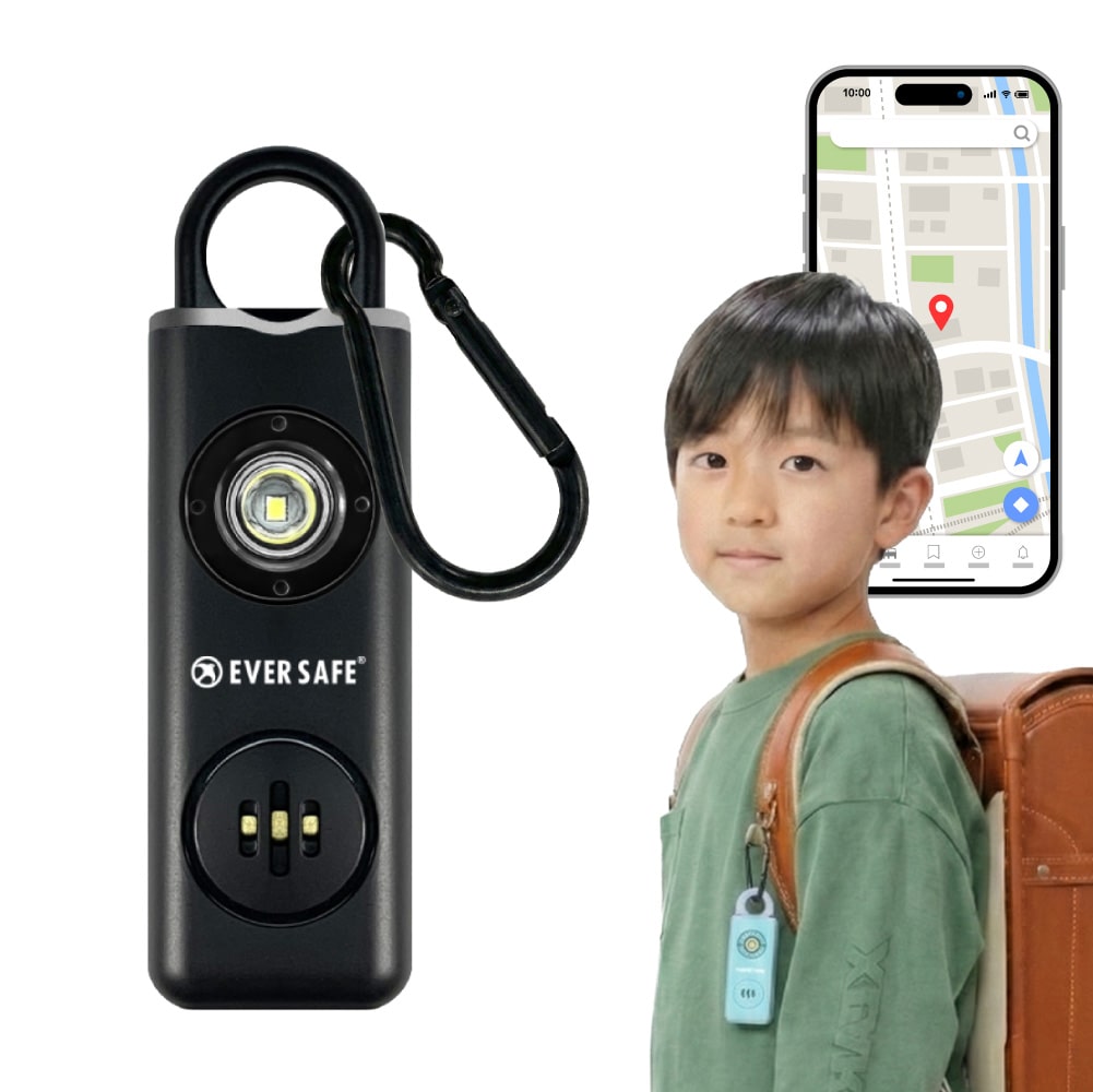 GPS追跡 防犯ブザー スクエア ブラック 1個 防犯グッズ LEDライト 130dB 大音量 防犯対策 位置情報 充電式 カラビナ 見守り 小学生 護身用 女性 高齢者 夜道 迷子 紛失防止 子供 ARIZA PB03 EVERSAFE (メール便8個まで)