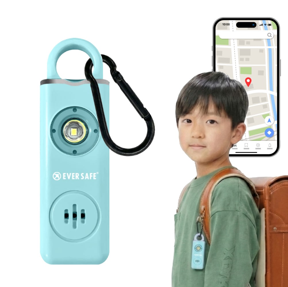GPS追跡 防犯ブザー スクエア ブルー 1個 防犯グッズ LEDライト 130dB 大音量 防犯対策 位置情報 充電式 カラビナ 見守り 小学生 護身用 女性 高齢者 夜道 迷子 紛失防止 子供 ARIZA PB03 EVERSAFE (メール便8個まで)