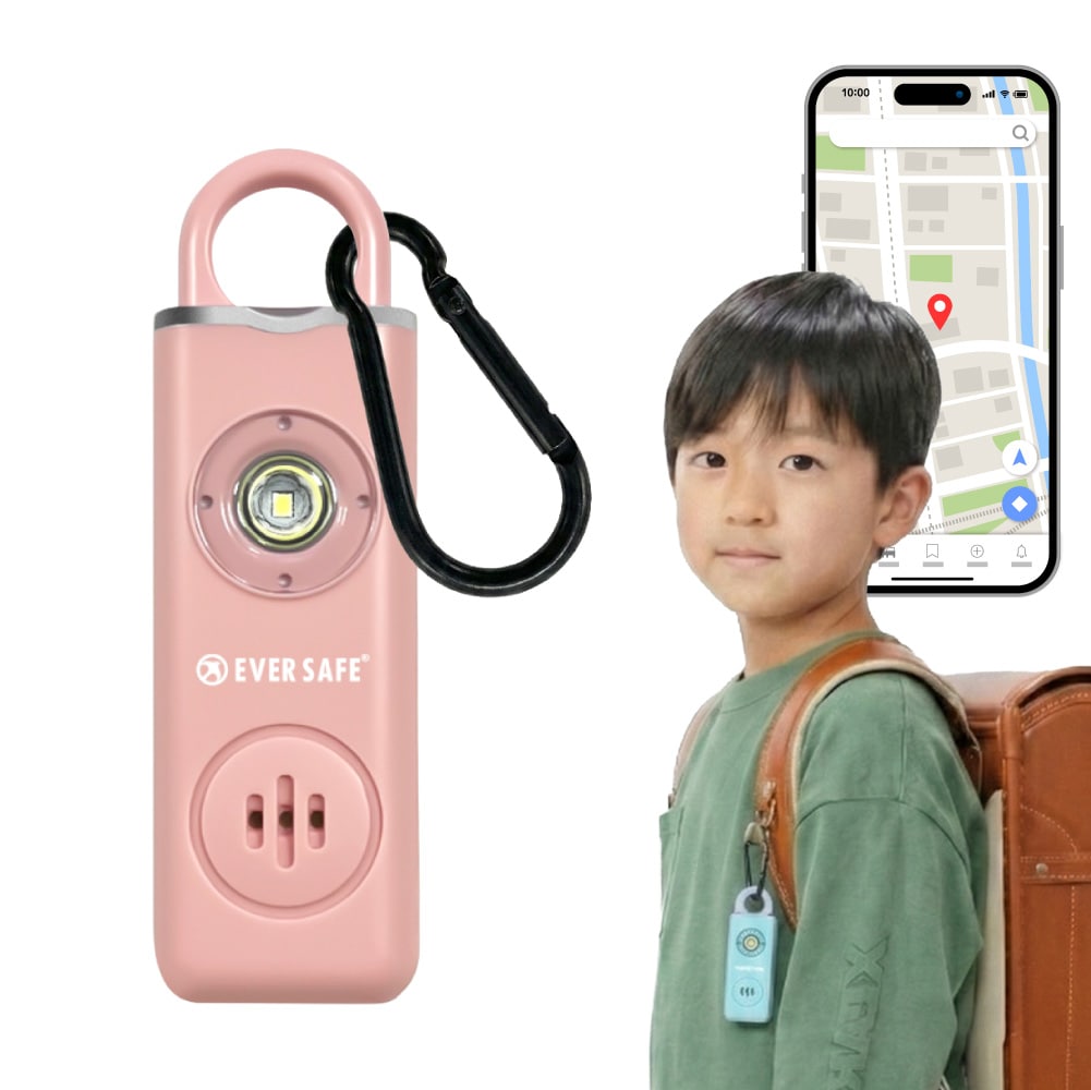 GPS追跡 防犯ブザー スクエア ピンク 1個 防犯グッズ LEDライト 130dB 大音量 防犯対策 位置情報 充電式 カラビナ 見守り 小学生 護身用 女性 高齢者 夜道 迷子 紛失防止 子供 ARIZA PB03 EVERSAFE (メール便8個まで)