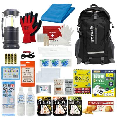 防災セット 1人用 EVERSAFEリュック ブラック 非常用持ち出し袋  防災士監修 防災リュック 撥水加工 非常食 保存水 懐中電灯 簡易トイレ アルミシート 救急セット 警戒レベル3 防災用品 地震対策 EVERSAFE L3ES01