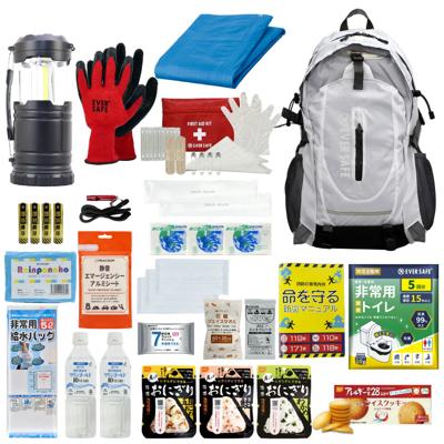防災セット 1人用 EVERSAFEリュック ホワイト 非常用持ち出し袋  防災士監修 防災リュック 撥水加工 非常食 保存水 懐中電灯 簡易トイレ アルミシート 救急セット 警戒レベル3 防災用品 地震対策 EVERSAFE L3ES01
