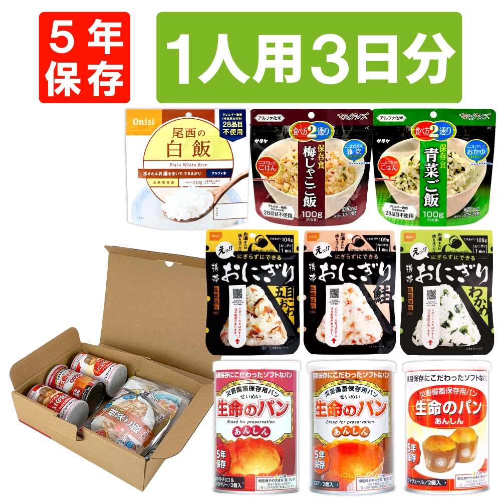 1人用/3日分(9食) 非常食セット A4サイズBOX入 アルファ米 パンの缶詰 3日間生きのびる 防災食セット 防災 食品 尾西 携帯おにぎり サタケ 安心米 保存食セット 防災セット 防災グッズ 災害備蓄用パン 生命のパン 防災 ギフト