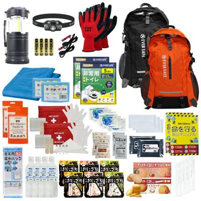 防災セット 2人用 EVERSAFEリュック ブラック×1・オレンジ×1 非常用持ち出し袋  防災士監修 防災リュック 撥水加工 非常食 保存水 懐中電灯 簡易トイレ アルミシート 救急セット 警戒レベル3 防災用品 地震対策 EVERSAFE L3ES02
