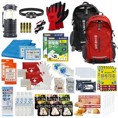 防災セット 2人用 EVERSAFEリュック ブラック×1・レッド×1 非常用持ち出し袋  防災士監修 防災リュック 撥水加工 非常食 保存水 懐中電灯 簡易トイレ アルミシート 救急セット 警戒レベル3 防災用品 地震対策 EVERSAFE L3ES02