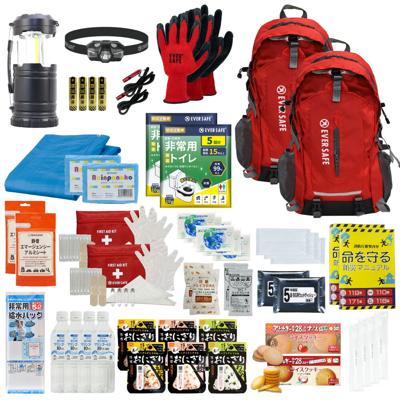 防災セット 2人用 EVERSAFEリュック レッド×2 非常用持ち出し袋  防災士監修 防災リュック 撥水加工 非常食 保存水 懐中電灯 簡易トイレ アルミシート 救急セット 警戒レベル3 防災用品 地震対策 EVERSAFE L3ES02