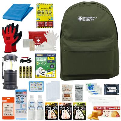 防災セット 1人用 20L エマージェンシーリュック グリーン おしゃれ 非常用持ち出し袋 防災士監修 防災リュック 非常食 保存水 懐中電灯 簡易トイレ アルミシート 救急セット 警戒レベル3 軽量 コンパクト PEACEUP L3EM01