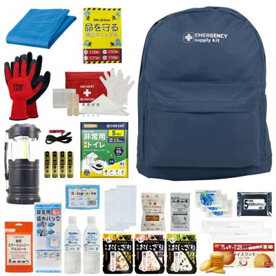 防災セット 1人用 20L エマージェンシーリュック ネイビー おしゃれ 非常用持ち出し袋 防災士監修 防災リュック 非常食 保存水 懐中電灯 簡易トイレ アルミシート 救急セット 警戒レベル3 軽量 コンパクト PEACEUP L3EM01