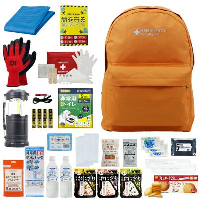 防災セット 1人用 20L エマージェンシーリュック オレンジ おしゃれ 非常用持ち出し袋 防災士監修 防災リュック 非常食 保存水 懐中電灯 簡易トイレ アルミシート 救急セット 警戒レベル3 軽量 コンパクト PEACEUP L3EM01