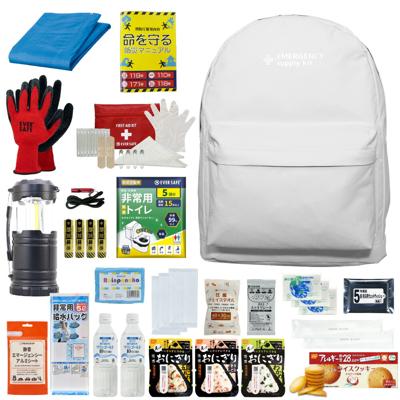 防災セット 1人用 20L エマージェンシーリュック パールホワイト おしゃれ 非常用持ち出し袋 防災士監修 防災リュック 非常食 保存水 懐中電灯 簡易トイレ アルミシート 救急セット 警戒レベル3 軽量 コンパクト PEACEUP L3EM01