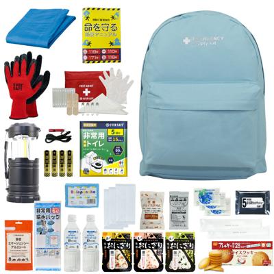 防災セット 1人用 20L エマージェンシーリュック スカイブルー おしゃれ 非常用持ち出し袋 防災士監修 防災リュック 非常食 保存水 懐中電灯 簡易トイレ アルミシート 救急セット 警戒レベル3 軽量 コンパクト PEACEUP L3EM01