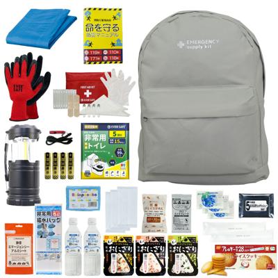 防災セット 1人用 20L エマージェンシーリュック スカイグレー おしゃれ 非常用持ち出し袋 防災士監修 防災リュック 非常食 保存水 懐中電灯 簡易トイレ アルミシート 救急セット 警戒レベル3 軽量 コンパクト PEACEUP L3EM01