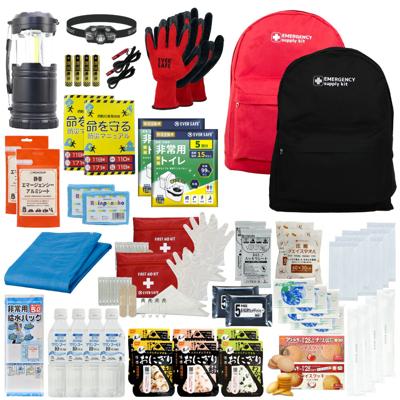 防災セット 2人用 20L エマージェンシーリュック レッド×1・ブラック×1 おしゃれ 非常用持ち出し袋 防災士監修 防災リュック 非常食 保存水 懐中電灯 簡易トイレ アルミシート 救急セット 警戒レベル3 軽量 コンパクト PEACEUP L3EM02