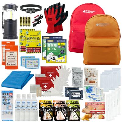 防災セット 2人用 20L エマージェンシーリュック レッド×1・オレンジ×1 おしゃれ 非常用持ち出し袋 防災士監修 防災リュック 非常食 保存水 懐中電灯 簡易トイレ アルミシート 救急セット 警戒レベル3 軽量 コンパクト PEACEUP L3EM02