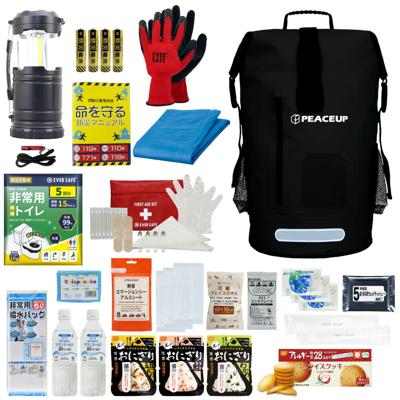 防災セット 1人用 ドライバッグ ブラック 防水リュック 防災士監修 水害対策 防災グッズ 非常食 保存水 ランタン 携帯トイレ 衛生用品 救急ポーチ 水難 避難 警戒レベル3 PEACEUP L3DR01
