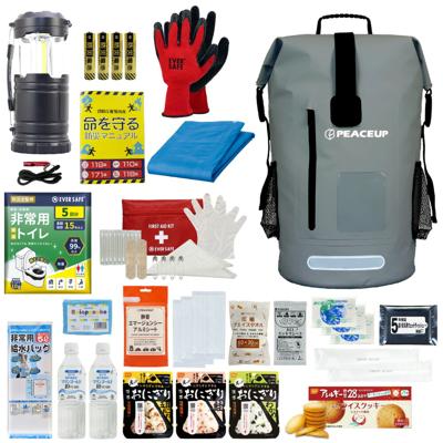 防災セット 1人用 ドライバッグ グレー 防水リュック 防災士監修 水害対策 防災グッズ 非常食 保存水 ランタン 携帯トイレ 衛生用品 救急ポーチ 水難 避難 警戒レベル3 PEACEUP L3DR01