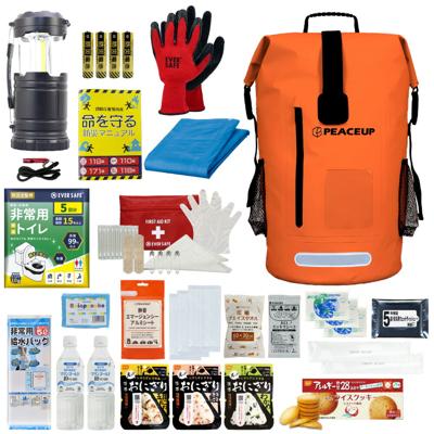 防災セット 1人用 ドライバッグ オレンジ 防水リュック 防災士監修 水害対策 防災グッズ 非常食 保存水 ランタン 携帯トイレ 衛生用品 救急ポーチ 水難 避難 警戒レベル3 PEACEUP L3DR01