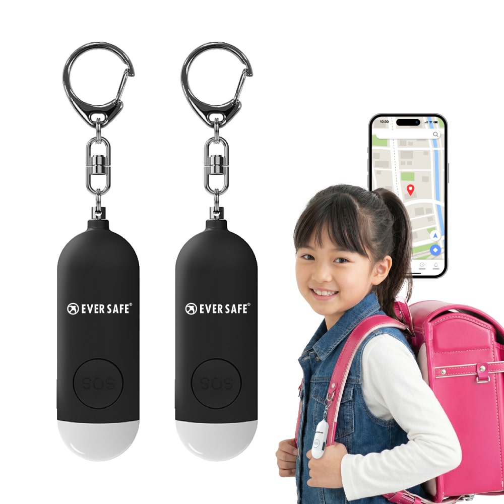 GPS追跡 防犯ブザー 4色 ブラック 2個セット 防犯グッズ LEDライト 130dB 大音量 防犯対策 位置情報 充電式 登下校 見守り 小学生 護身用 女性 高齢者 夜道 迷子 紛失防止 子供 PB01 EVERSAFE (メール便6セットまで)