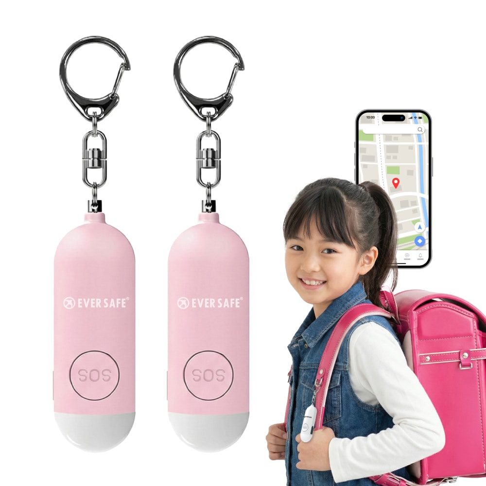 GPS追跡 防犯ブザー 4色 ピンク 2個セット 防犯グッズ LEDライト 130dB 大音量 防犯対策 位置情報 充電式 登下校 見守り 小学生 護身用 女性 高齢者 夜道 迷子 紛失防止 子供 PB01 EVERSAFE (メール便6セットまで)