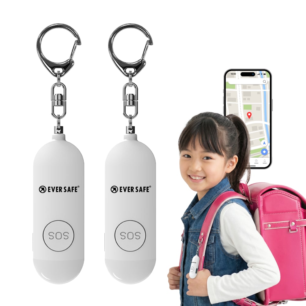 GPS追跡 防犯ブザー 4色 ホワイト 2個セット 防犯グッズ LEDライト 130dB 大音量 防犯対策 位置情報 充電式 登下校 見守り 小学生 護身用 女性 高齢者 夜道 迷子 紛失防止 子供 PB01 EVERSAFE (メール便6セットまで)