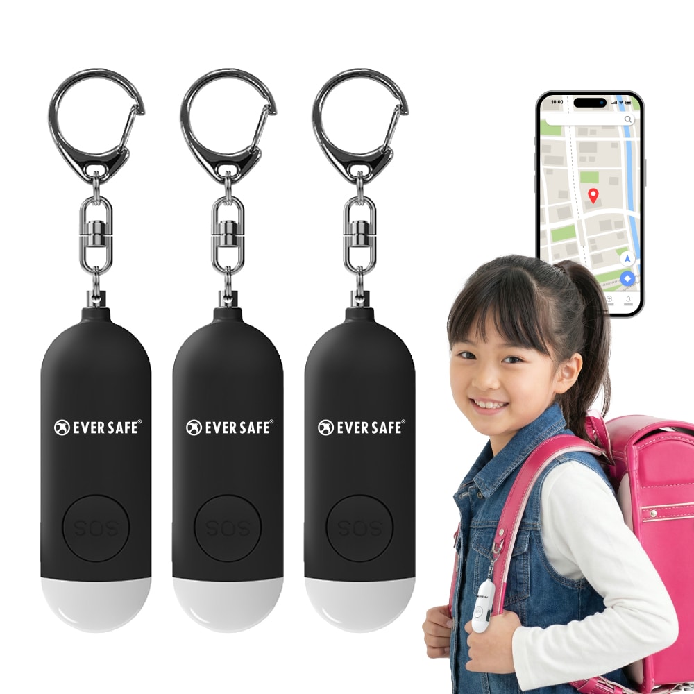 GPS追跡 防犯ブザー 4色 ブラック 3個セット 防犯グッズ LEDライト 130dB 大音量 防犯対策 位置情報 充電式 登下校 見守り 小学生 護身用 女性 高齢者 夜道 迷子 紛失防止 子供 PB01 EVERSAFE (メール便4セットまで)